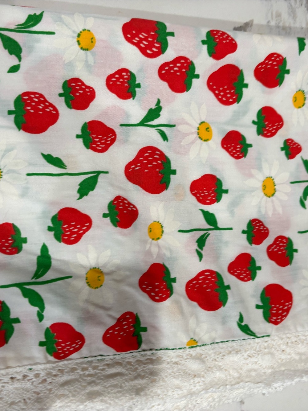 Vintage Strawberry & Daisy Print Cotton table cloth- Red, Green, Yellow 48x80